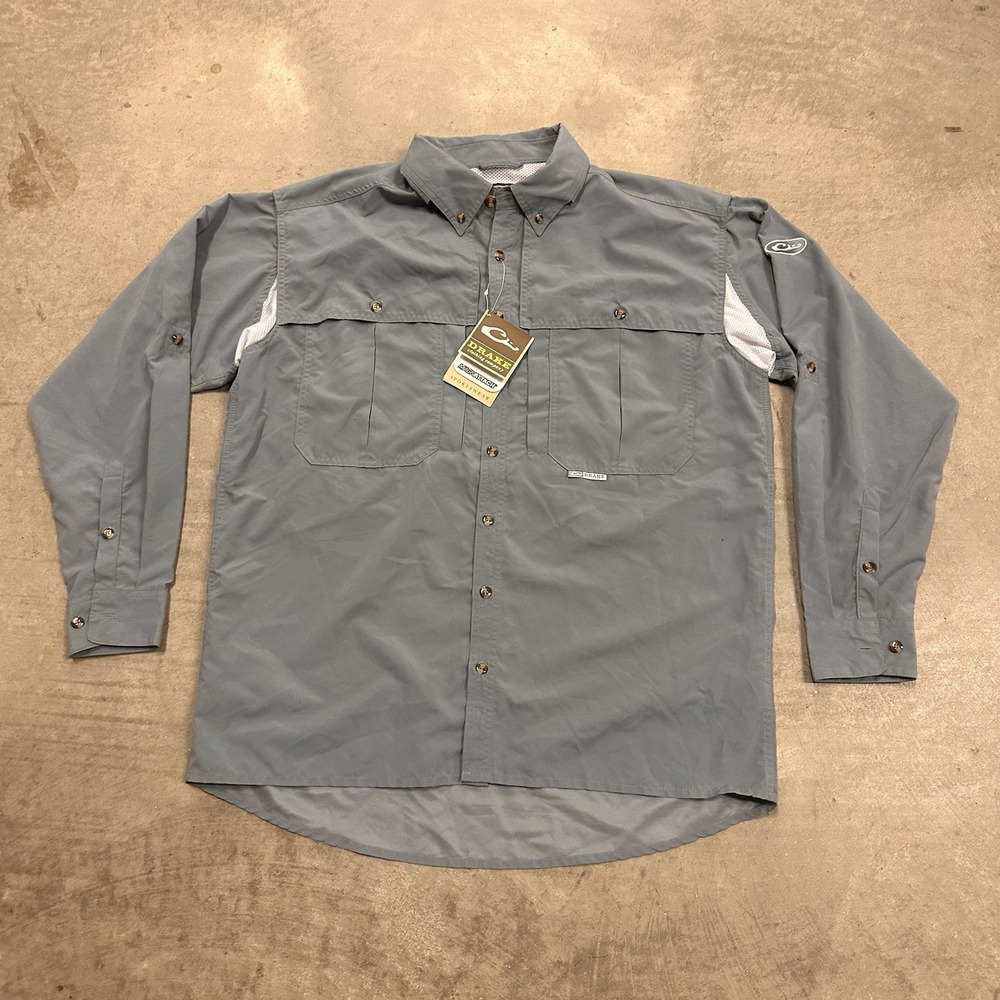 Drake Waterfowl Button Up Shirt Mens M Gray Vented Long Sleeve Vented  Outdoors